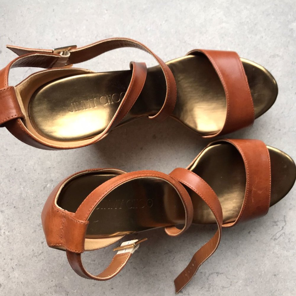 EUC Jimmy Choo Portia Crisscross Cork Wedge Canyon tan leather - Picture 9 of 12